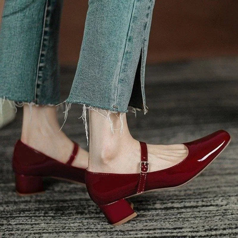New Red Black Mary Janes High Quality Leather Square Toe Buckle Strap Women's Shoes Low Heel Pumps Main image