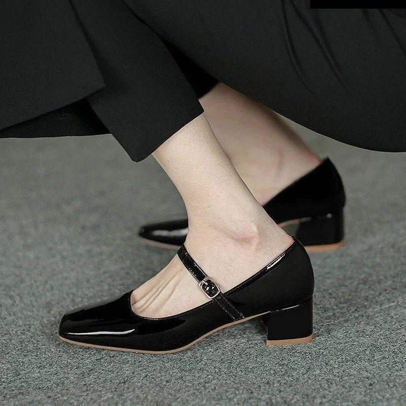 New Red Black Mary Janes High Quality Leather Square Toe Buckle Strap Women's Shoes Low Heel Pumps