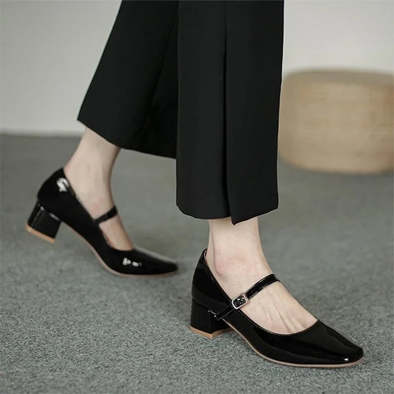 New Red Black Mary Janes High Quality Leather Square Toe Buckle Strap Women's Shoes Low Heel Pumps Secondary image