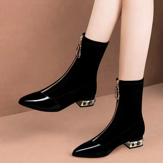 New Sexy Crystal Pointy Rhinestone Black Ankle Boot