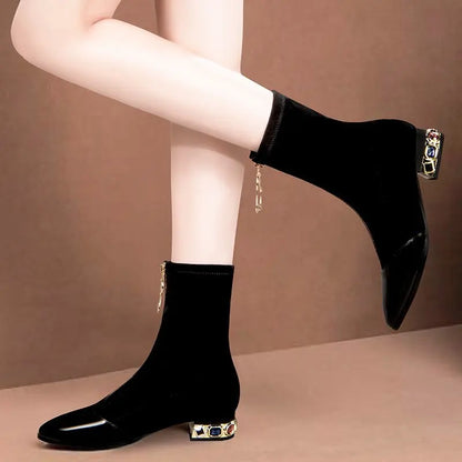 New Sexy Crystal Pointy Rhinestone Black Ankle Boot