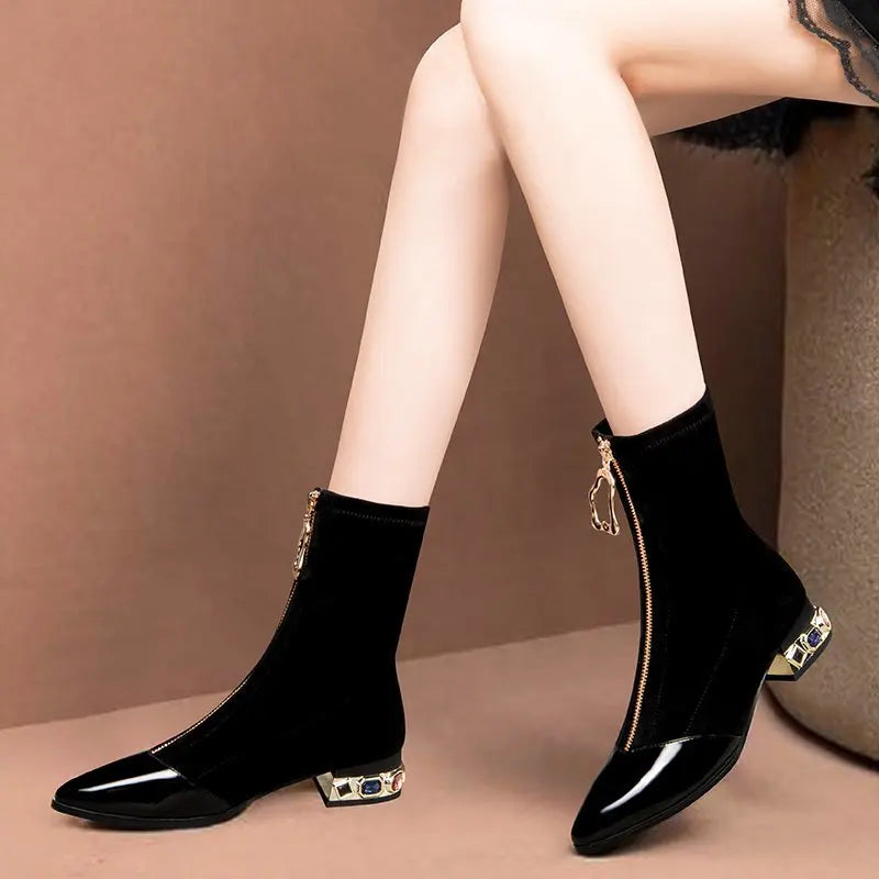 New Sexy Crystal Pointy Rhinestone Black Ankle Boot