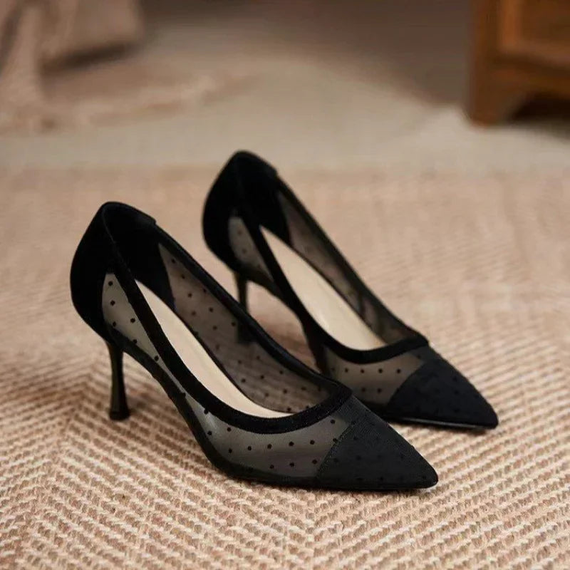New Fashion Lace Mesh Breathable Lightweight Comfort Thin High Shoes Women Low Heel Pumps Main image