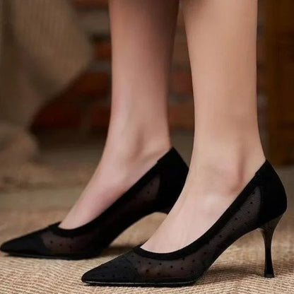 New Fashion Lace Mesh Breathable Lightweight Comfort Thin High Shoes Women Low Heel Pumps