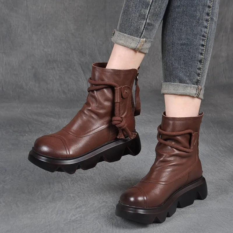 Casual High Top Leather Cowboy Round Toe Lace up Platform Ankle Boot Main image
