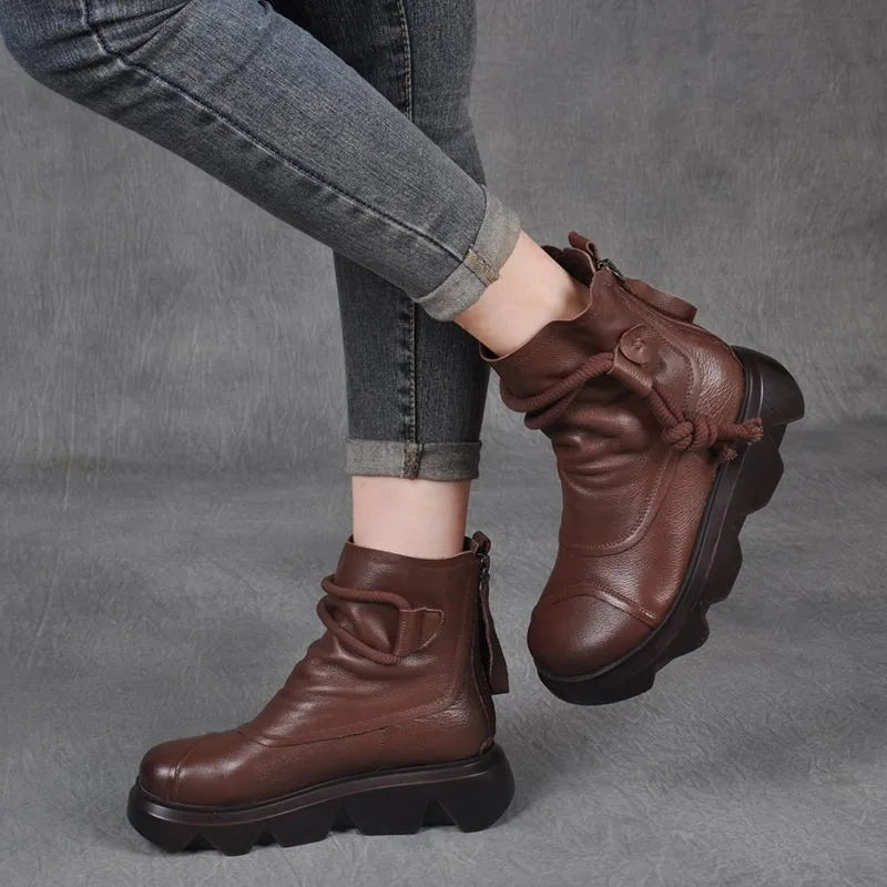 Casual High Top Leather Cowboy Round Toe Lace up Platform Ankle Boot Secondary image