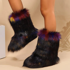New Women's Winter Snow Boots Outdoor Luxury Furry Faux Fox Fur New Fashion Boots WomanPlush Warm Platform Shoes Bottes