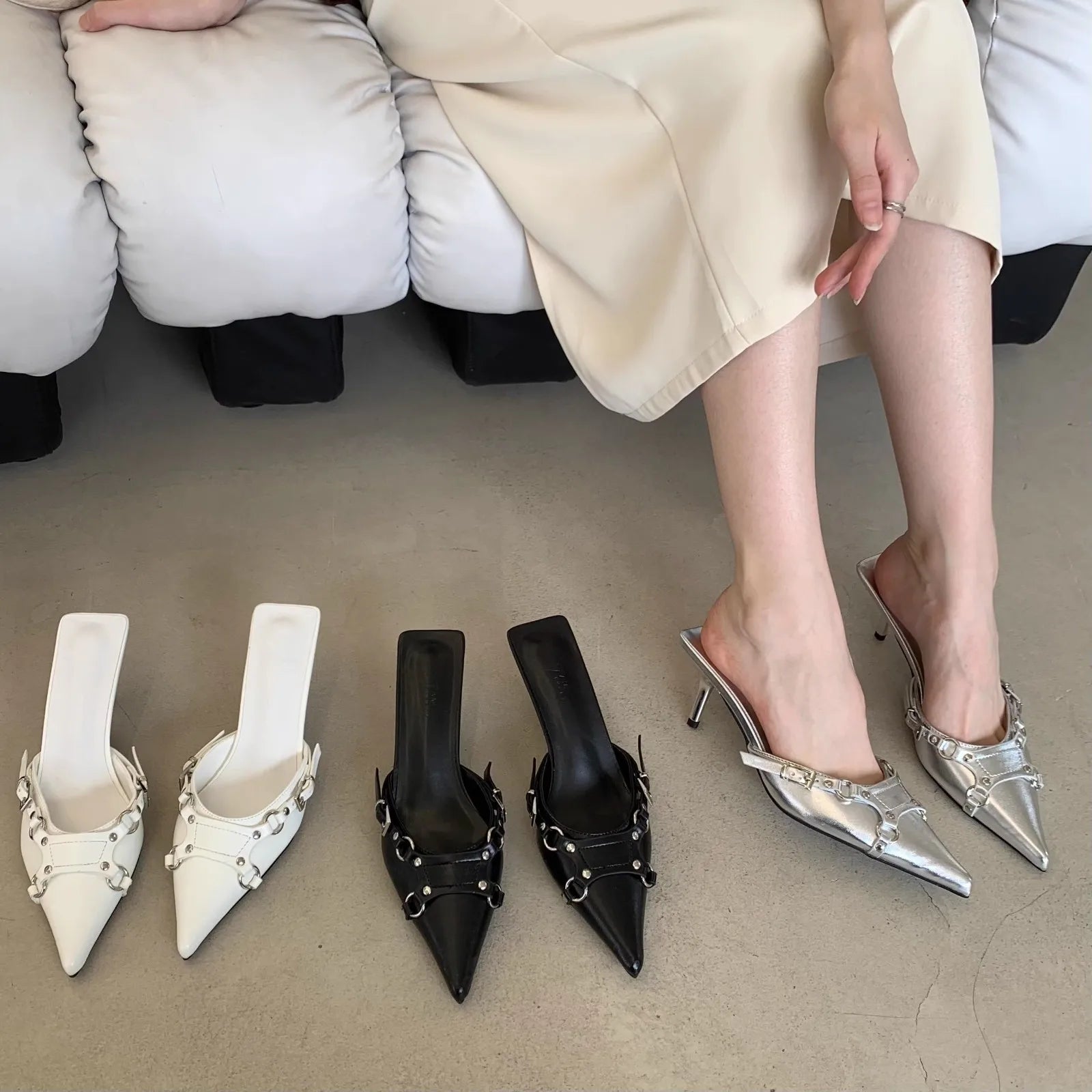 New Outdoor Square Mules Glitter Slides Multicolored Cover Toe High Low Heel Pumps Secondary image