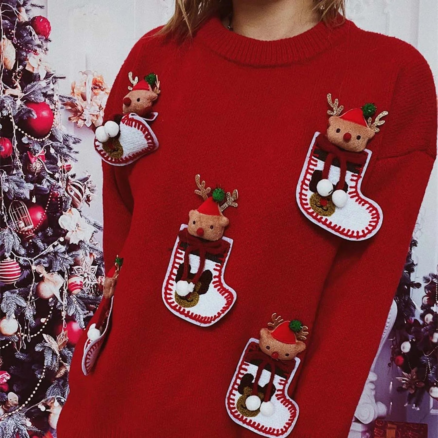 Elk 3D Decoration Christmas Sweater - Long Sleeve Knit Pullover