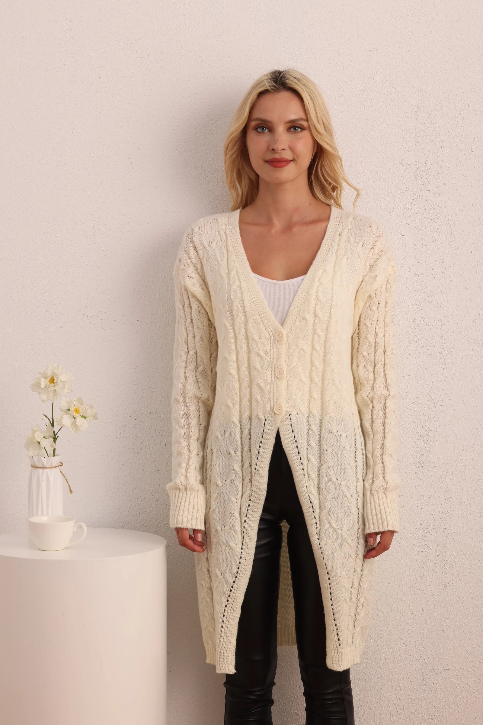 New Casual Long Knitted Long-Sleeved Twist Button Cardigan Main image