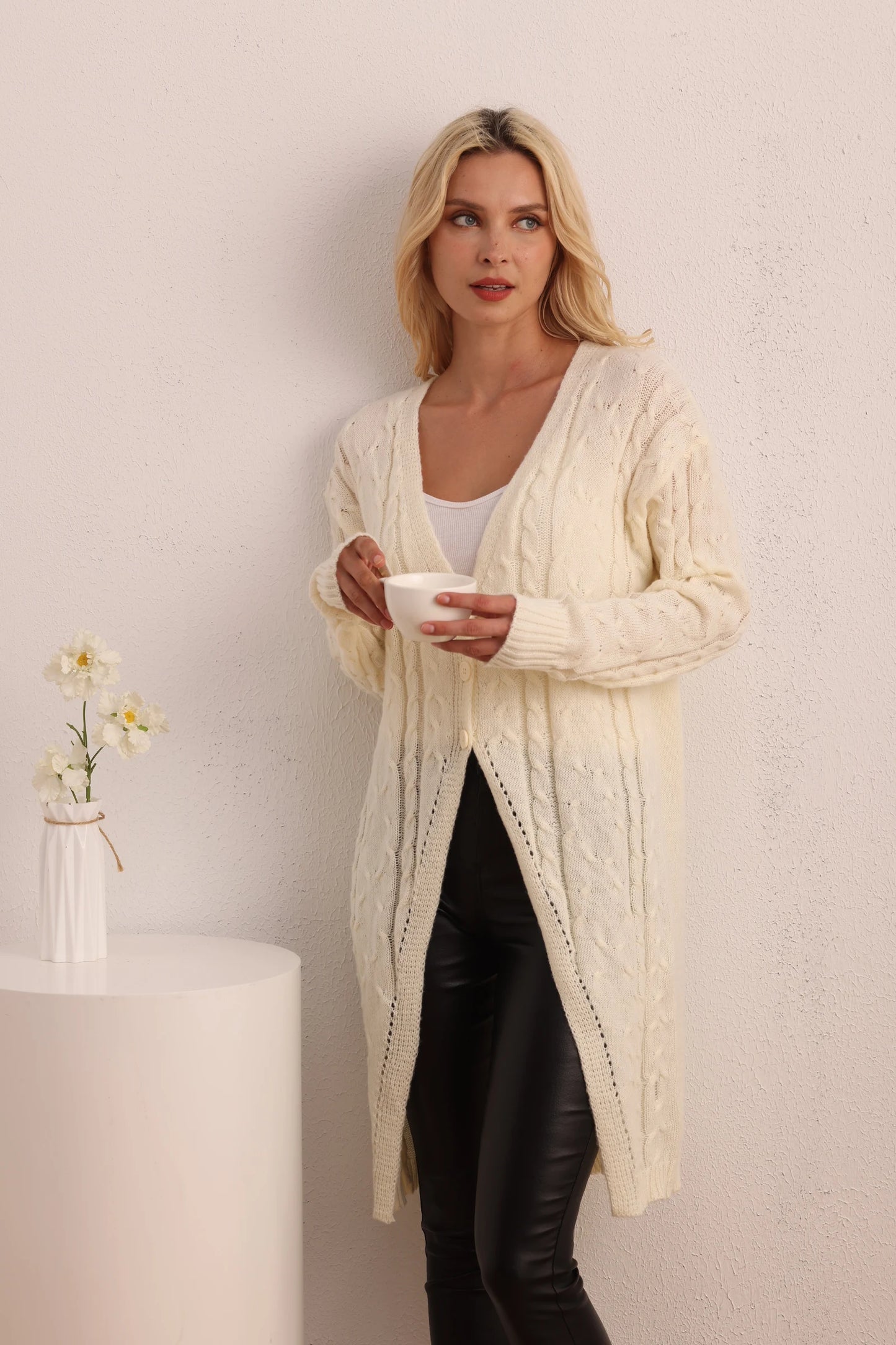 New Casual Long Knitted Long-Sleeved Twist Button Cardigan