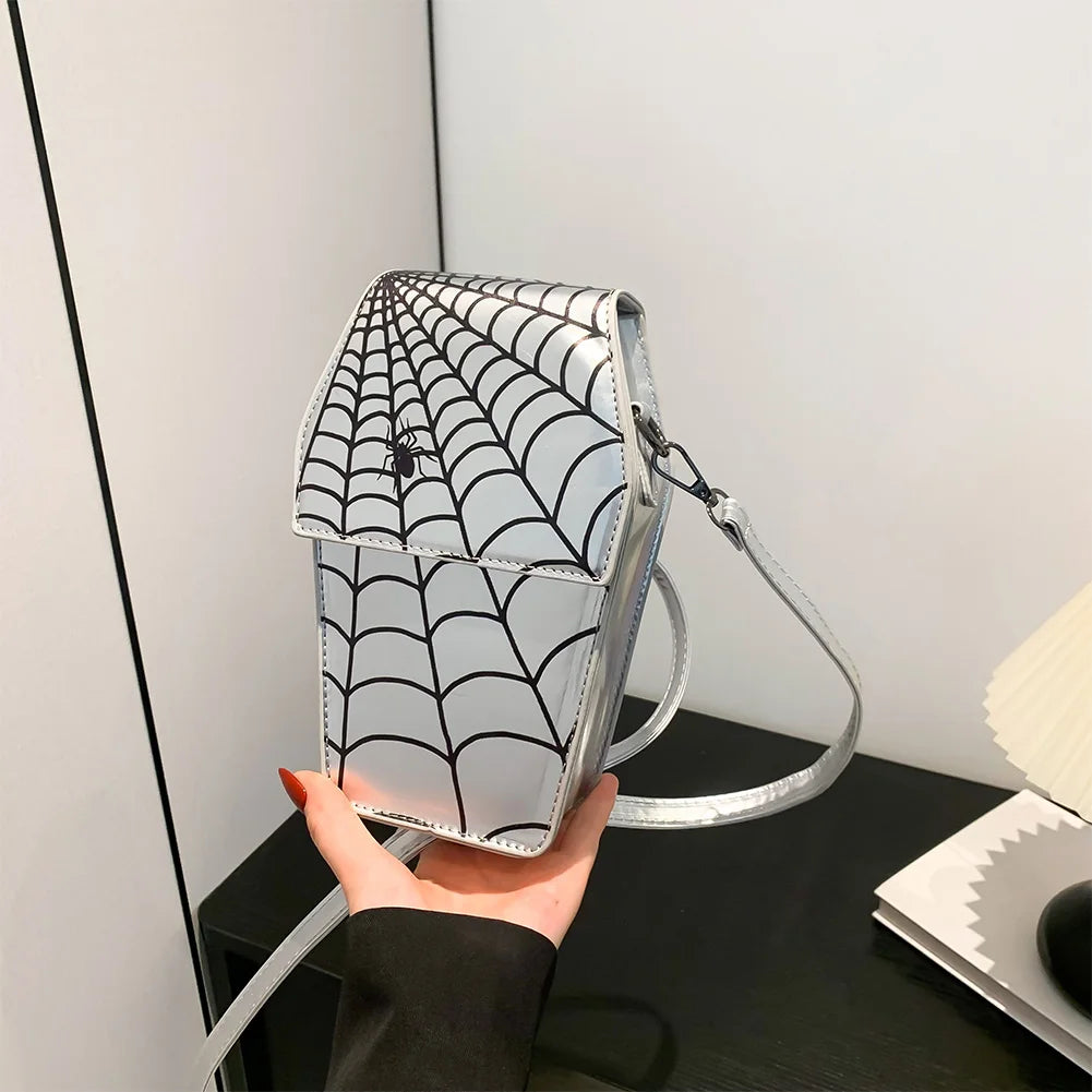 Novelty Halloween Gothic Coffin Shape Spider Web Sling PU Leather Bag Main image