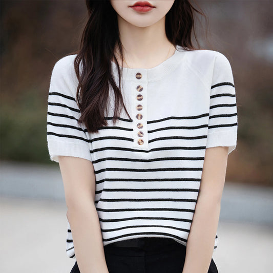 O-Neck Stripe Summer Short Thin Casual Fashion Knit Sweater