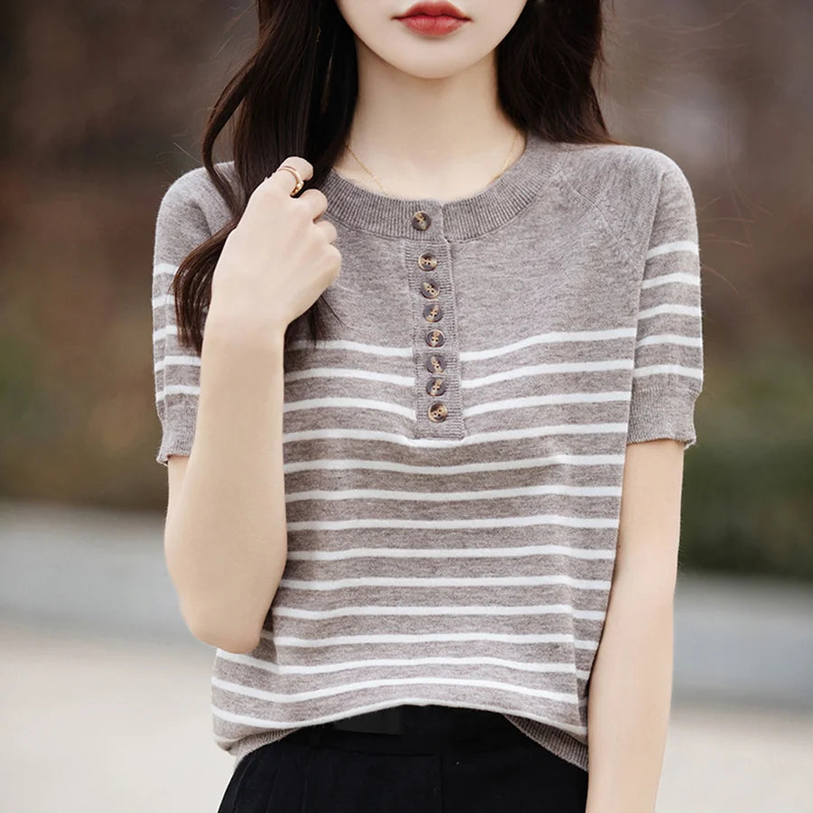 O-Neck Stripe Summer Short Thin Casual Fashion Knit Sweater