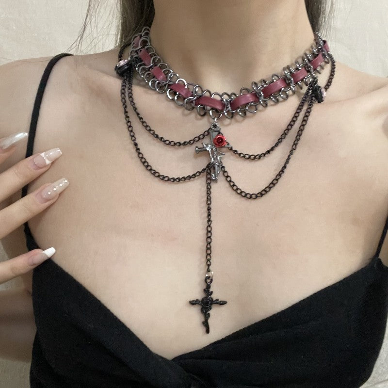 Dark Punk Heart Flower Cross Layered Necklace