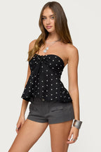 Polka Dot Strapless Tie Fitted Crop Top