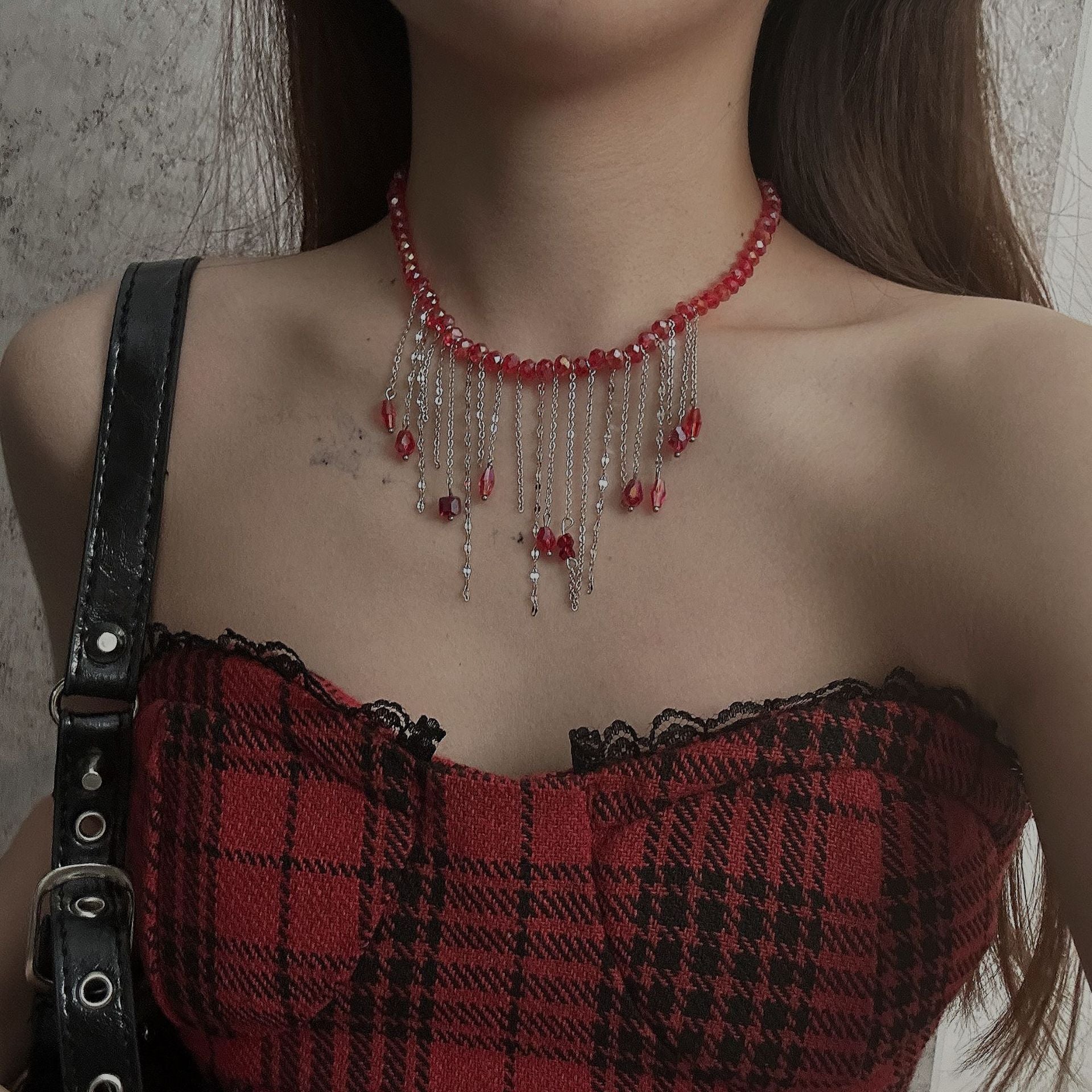 Red Crystal Tassel Unique Aesthetic Necklace Secondary image