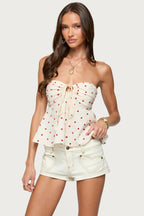 Polka Dot Strapless Tie Fitted Crop Top