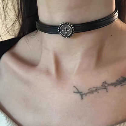 Vintage Distressed Black Leather Choker Necklace