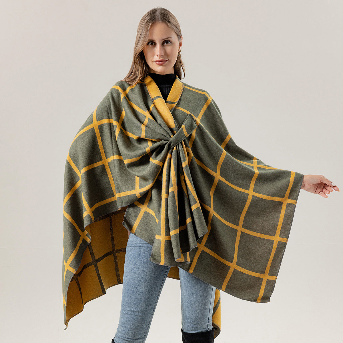 Best-selling Side-tied Plaid Split Cape Warm Cross-border Scarf