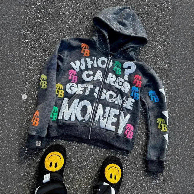 Retro Letter Print Y2K Loose Comfortable Zip Hoodie Main image