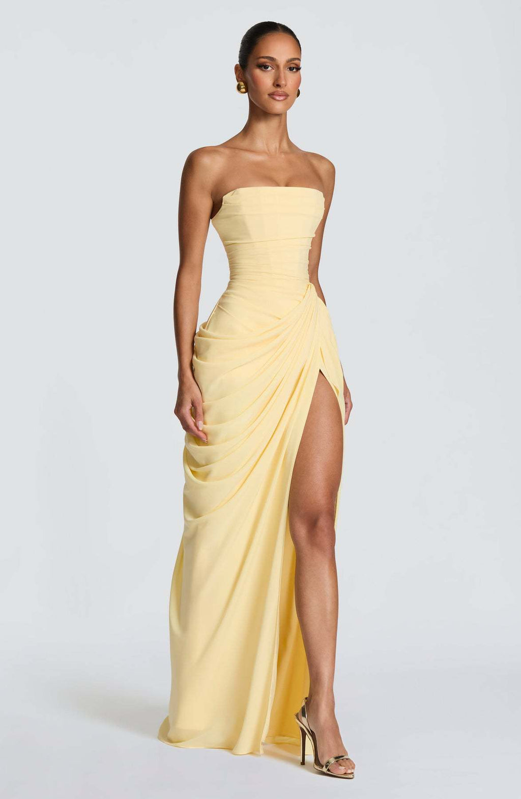 Strapless Asymmetric Ruched High Slit Dress