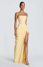 Strapless Asymmetric Ruched High Slit Dress