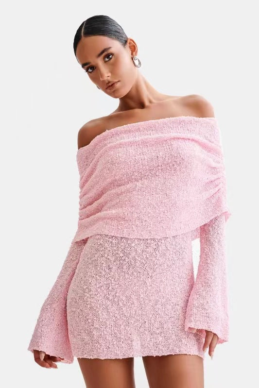 Sheer Knit Off-Shoulder Long Sleeve Mini Dress