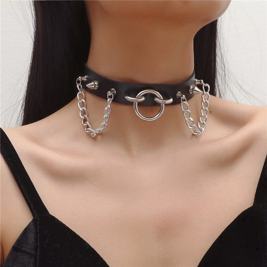 Personality O-ring Rivet Chain Punk Leather Gothic Necklace