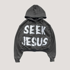 Letter Print Hooded Zip-Up Hoodie