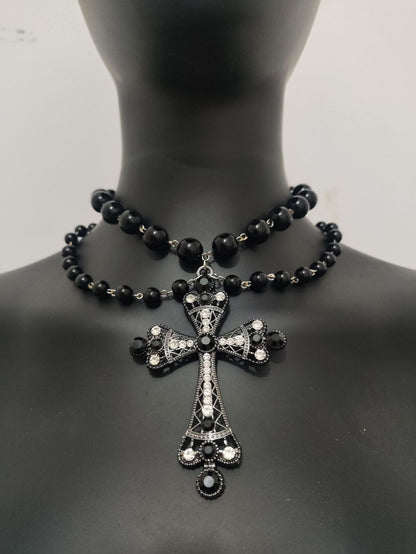 Gothic Beaded Cross Dark Pearl Necklace Halloween Gift Necklace