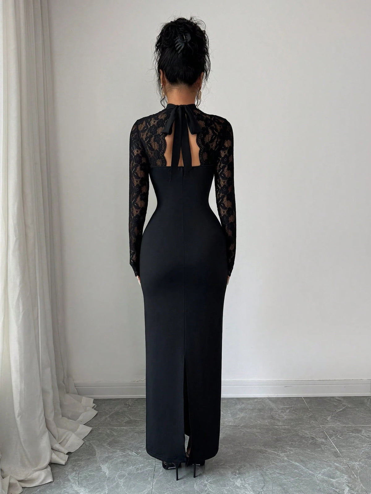 Sheer Lace High Neck Cutout Maxi Dress