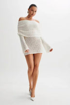 Sheer Knit Off-Shoulder Long Sleeve Mini Dress