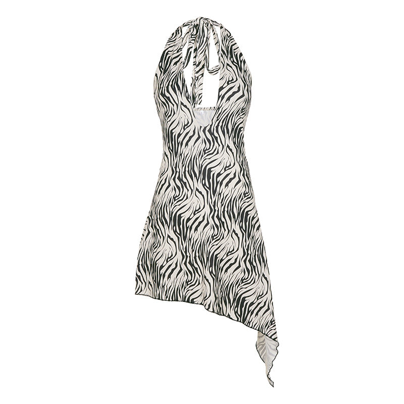 Zebra Print Plunge Halter Asymmetric Mini Dress