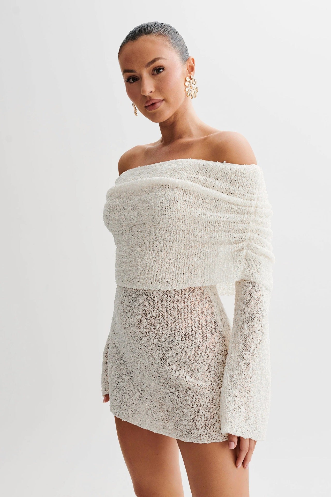 Sheer Knit Off-Shoulder Long Sleeve Mini Dress Main image
