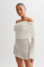 Sheer Knit Off-Shoulder Long Sleeve Mini Dress