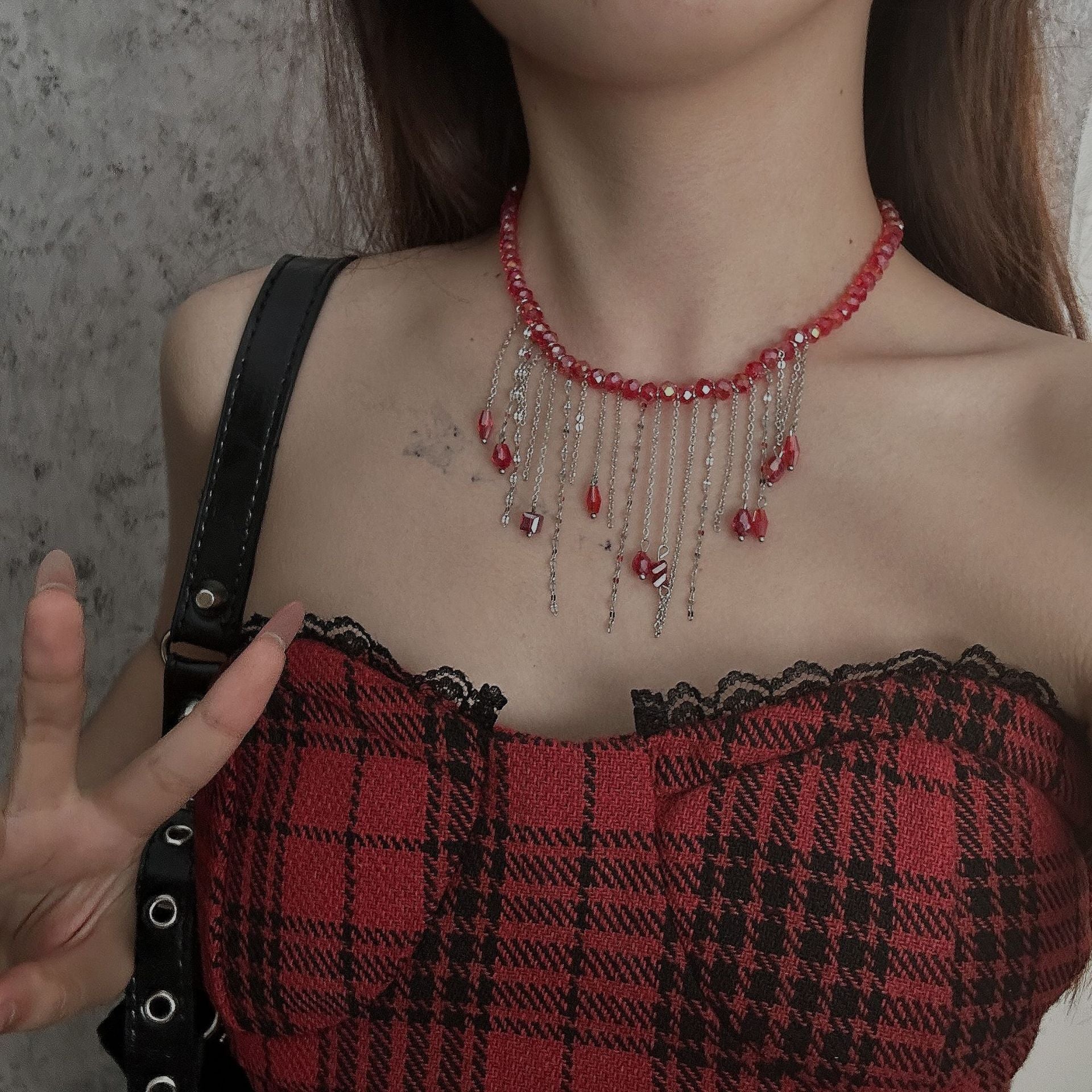 Red Crystal Tassel Unique Aesthetic Necklace Main image