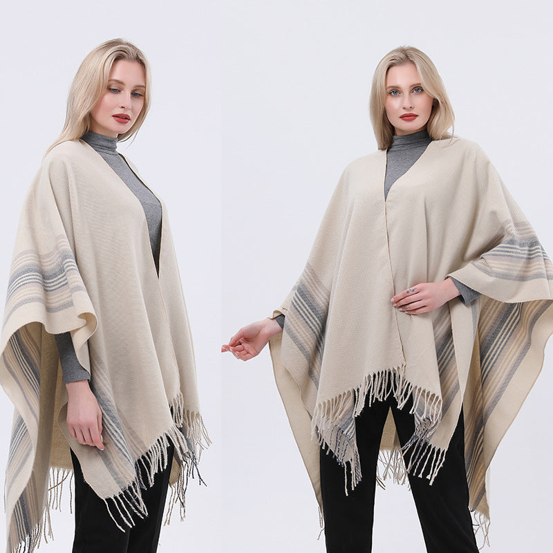 New European-style Simple Fashionable Split Polyester Striped Scarf Main image