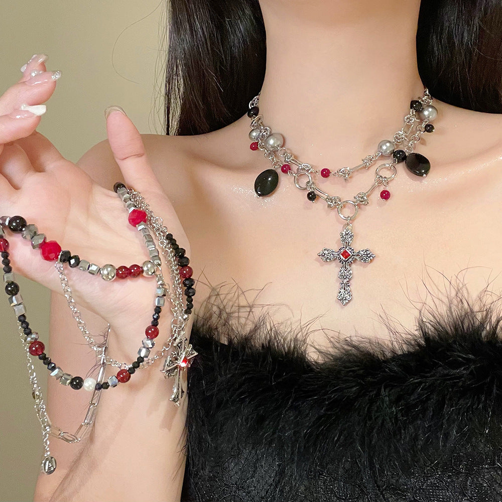 Dark Punk Layered Cross Sweet Cool Beaded Personality Necklace Main image