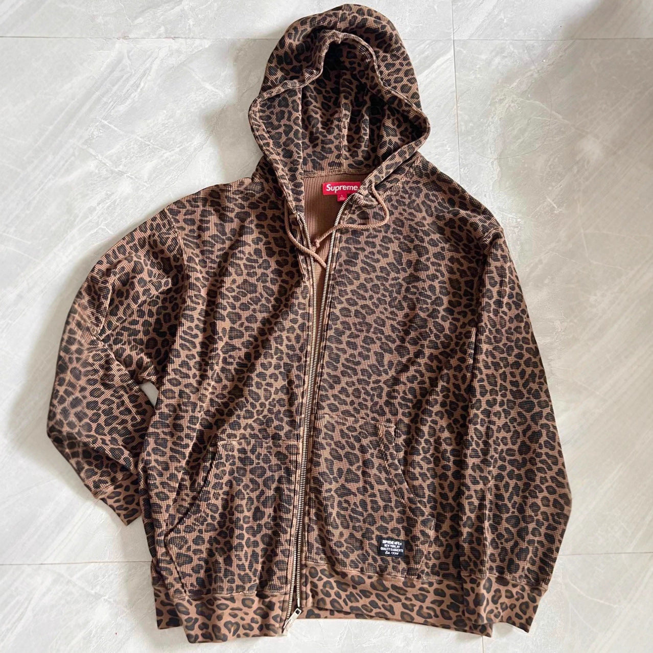 Leopard Print Waffle Zip Drawstring Unisex Vintage Hoodie Main image