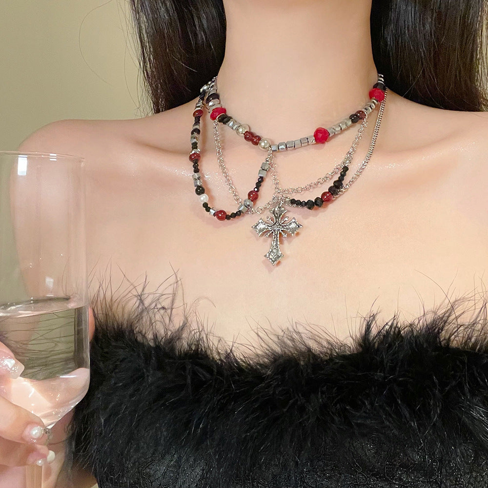 Dark Punk Layered Cross Sweet Cool Beaded Personality Necklace Secondary image