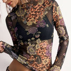 Floral Animal Print Mesh Long Sleeved T-shirts