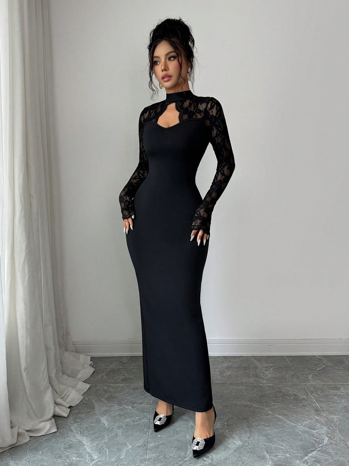 Sheer Lace High Neck Cutout Maxi Dress