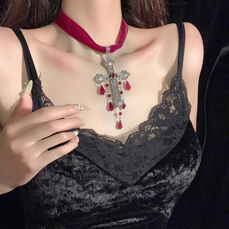Gothic Blood Drop Tassel Exaggerated Punk Dark Cross Necklace Main image