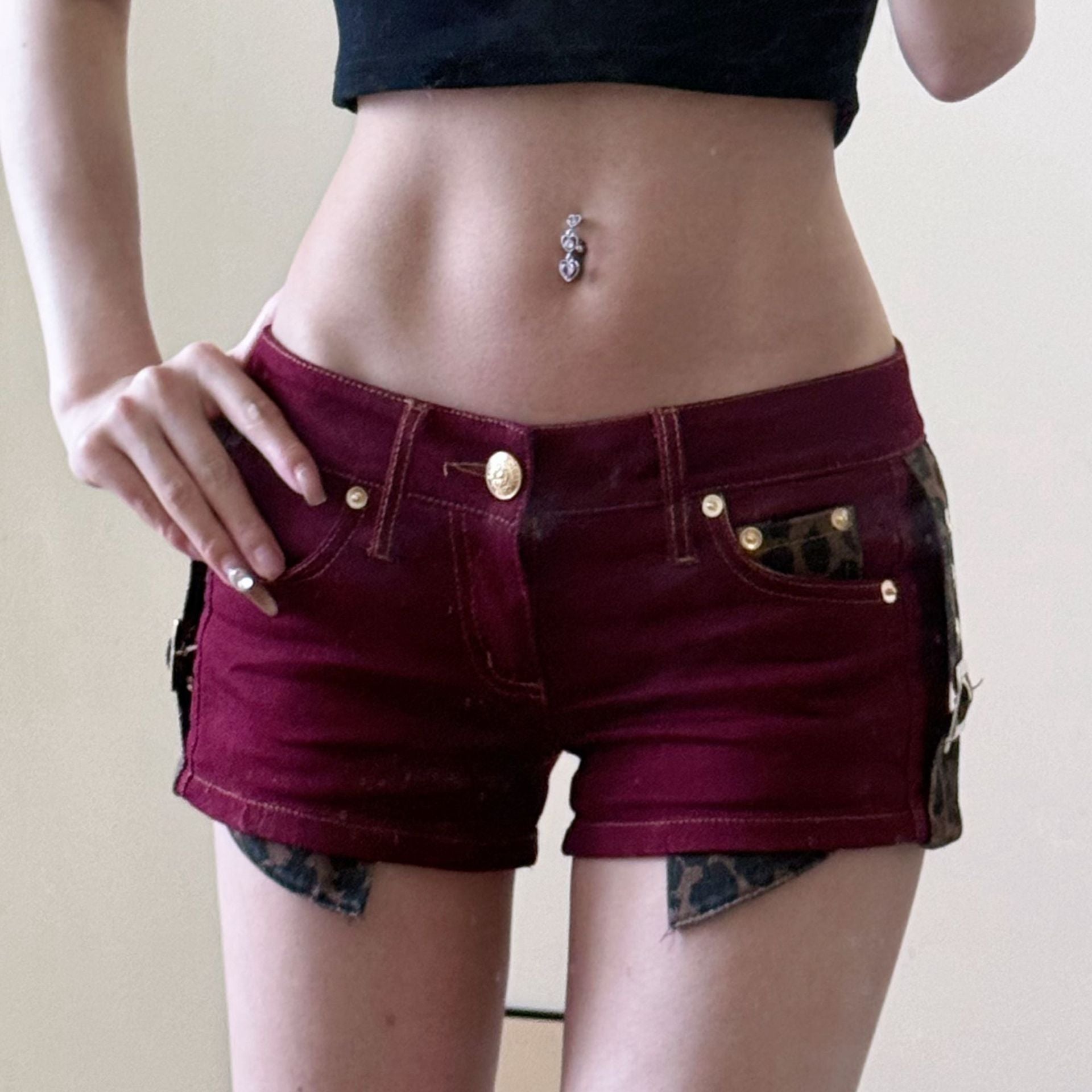 Leopard Patchwork Low Rise Denim Shorts Secondary image