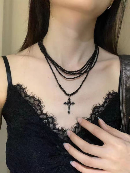 Dark Princess Cross Layered Sweet Cool Punk Beaded Personality Necklace