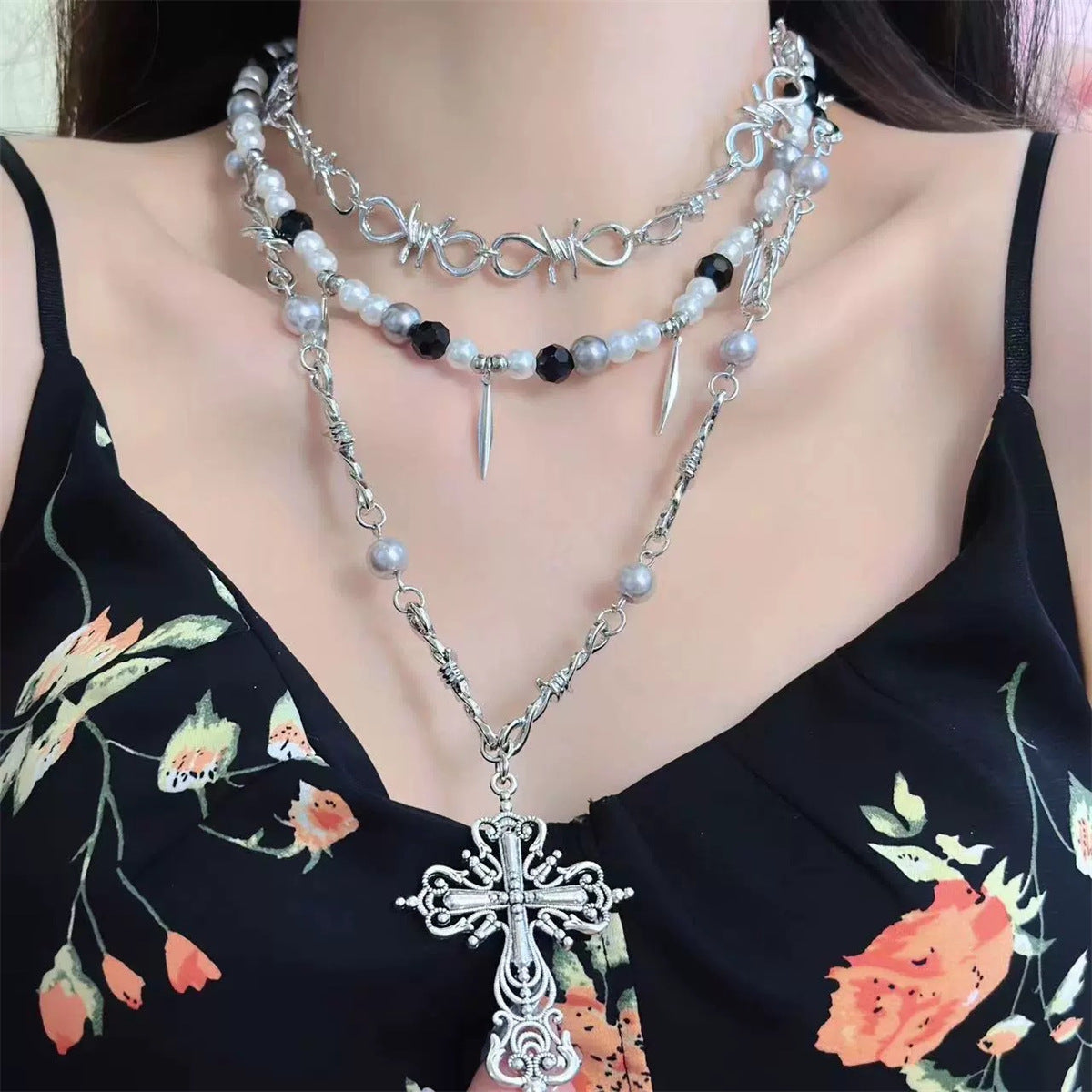 Gothic Beaded Thorn Heavy Punk Cross Pendant Vintage Layered Necklace Main image