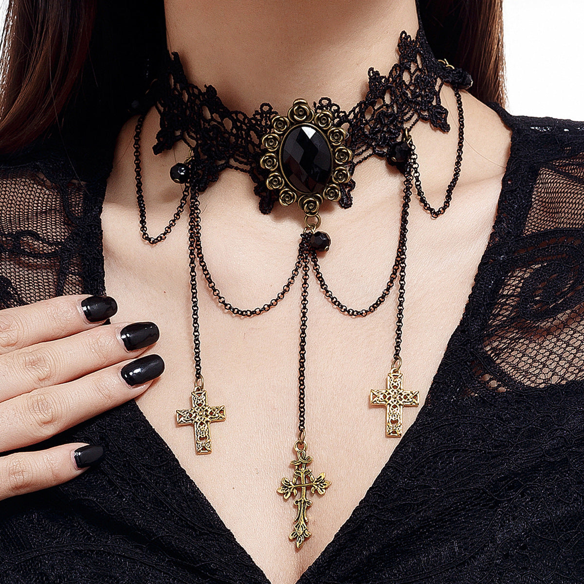 Gothic Blood Drop Gem Tassel Cross Halloween Necklace Main image
