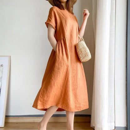Orange Casual Chic O-Neck Loose Pullover Korean Mid-Calf Spring Midi Dresses