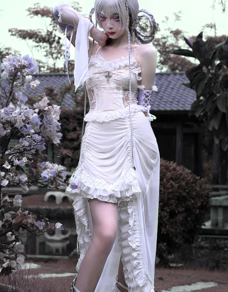 White Gothic Rope Lace Flying Sleeve Stiletto Strap Asymmetric Light Lolita Summer Party Evening Dress Main image